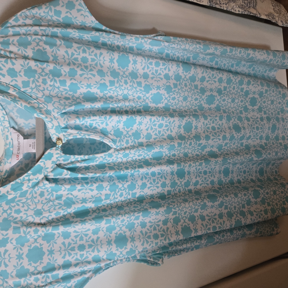 Liz Claiborne Teal and White Floral Blouse